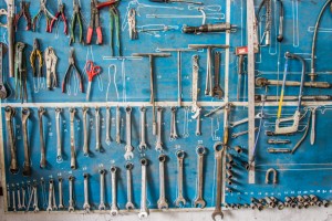 car repair workshop tools on wall