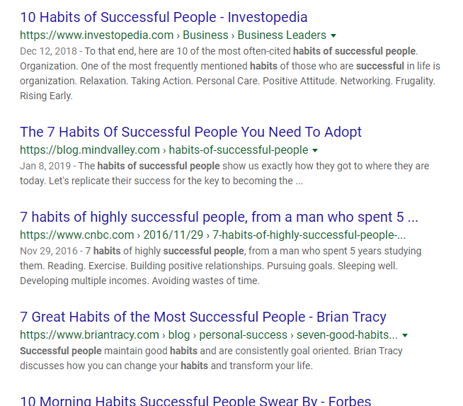 screenshot from google search of habits of successful people